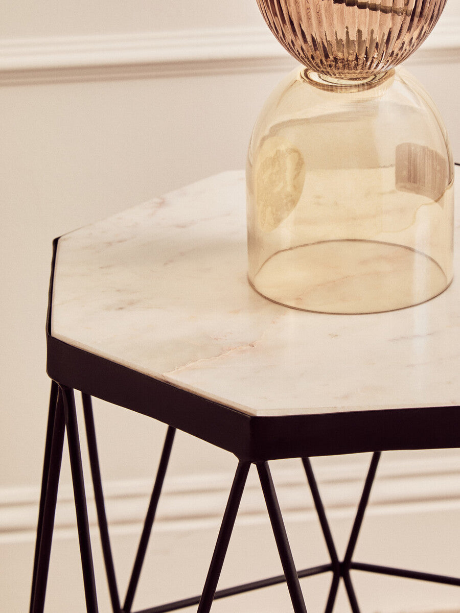 Shalimar White Marble and Black Finish Octagonal Side Table