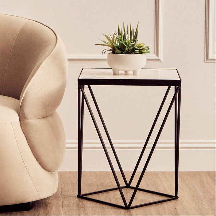 Shalimar White Marble and Black Finish Square Side Table