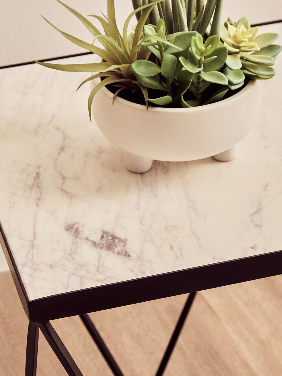 Shalimar White Marble and Black Finish Square Side Table