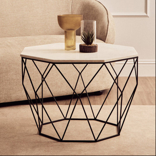 White Marble and Black Finish Octagonal Coffee Table