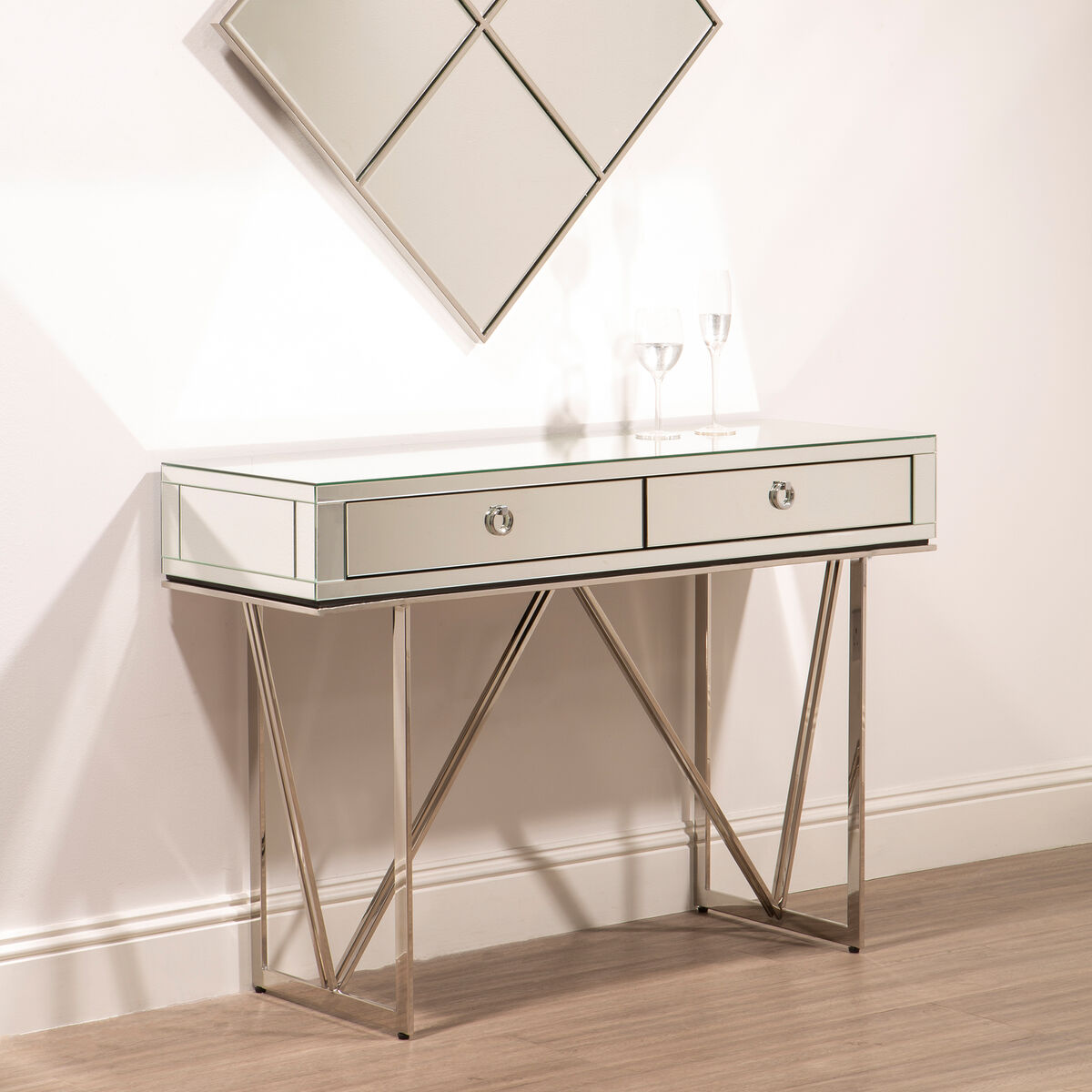 Rovo Mirrored and Silver Finish Console Table with Drawers
