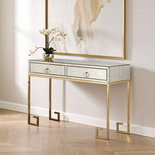 Antique Mirrored and Gold Finish 2 Drawer Console Table