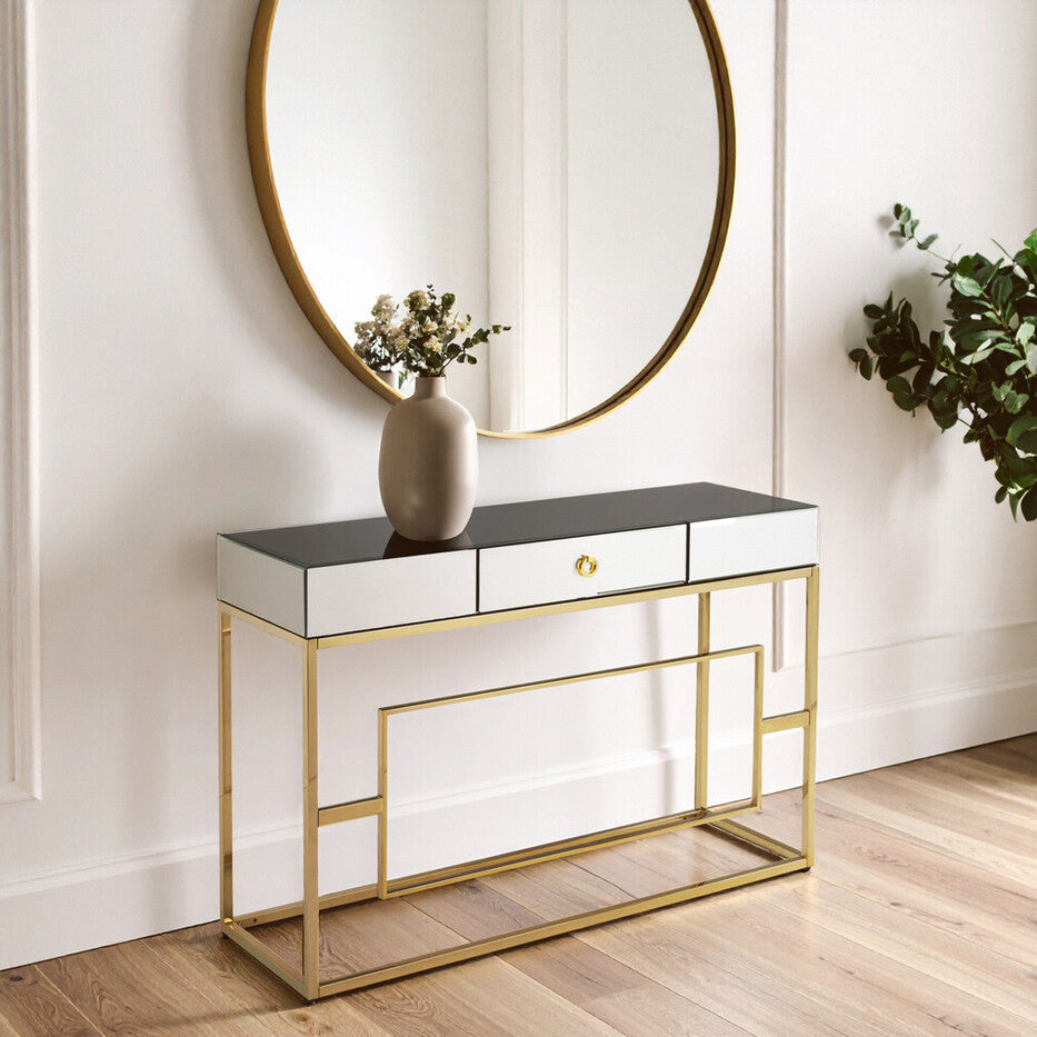 Rimini Black Mirrored and Gold Finish Console Table with Drawer