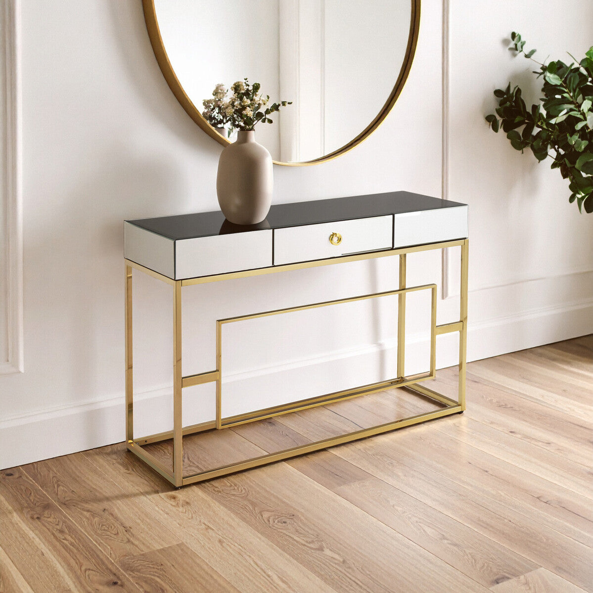 Rimini Black Mirrored and Gold Finish Console Table with Drawer