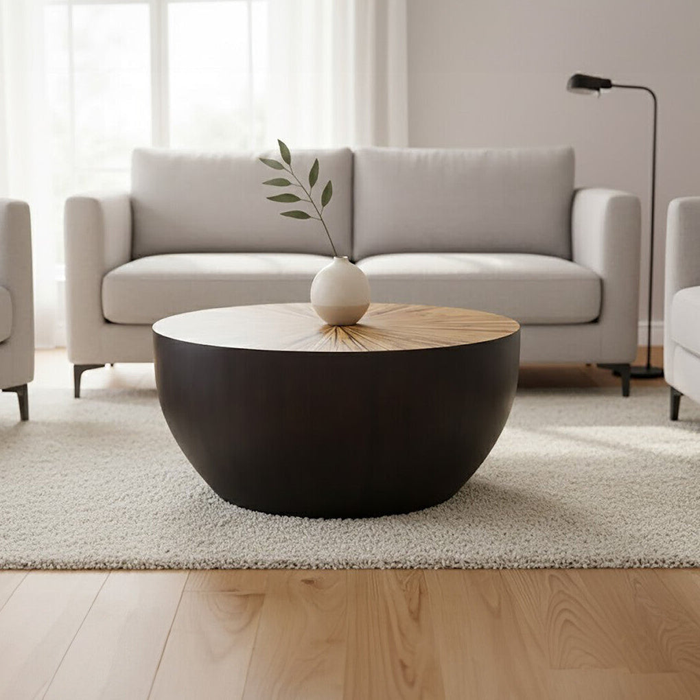 Gabo Black and Natural Bamboo Small Round Coffee Table