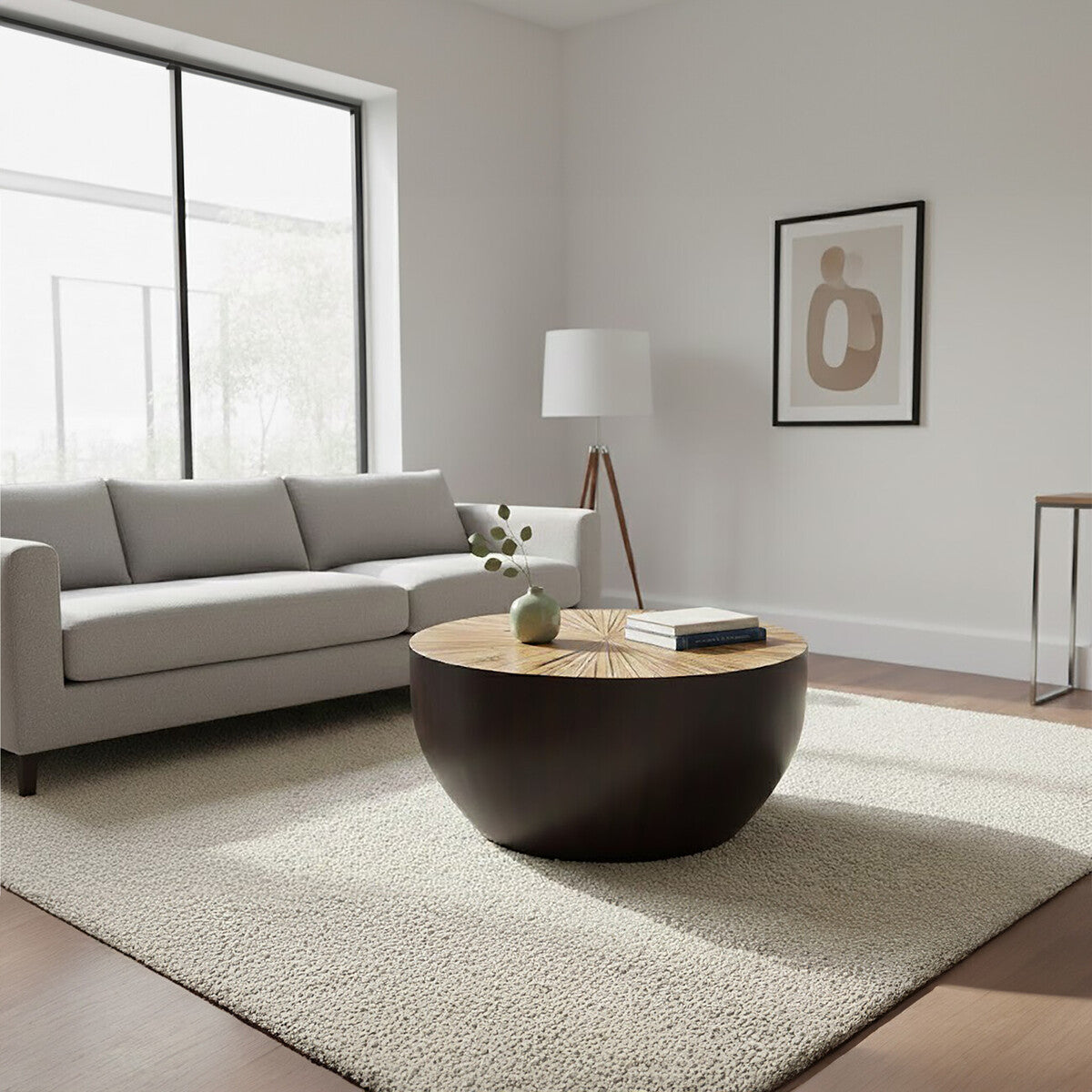 Gabo Black and Natural Bamboo Small Round Coffee Table