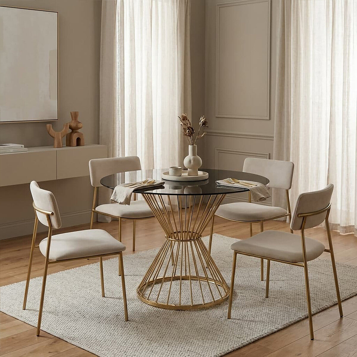 Anzio Black Glass Round Dining Table with Gold Hourglass Base