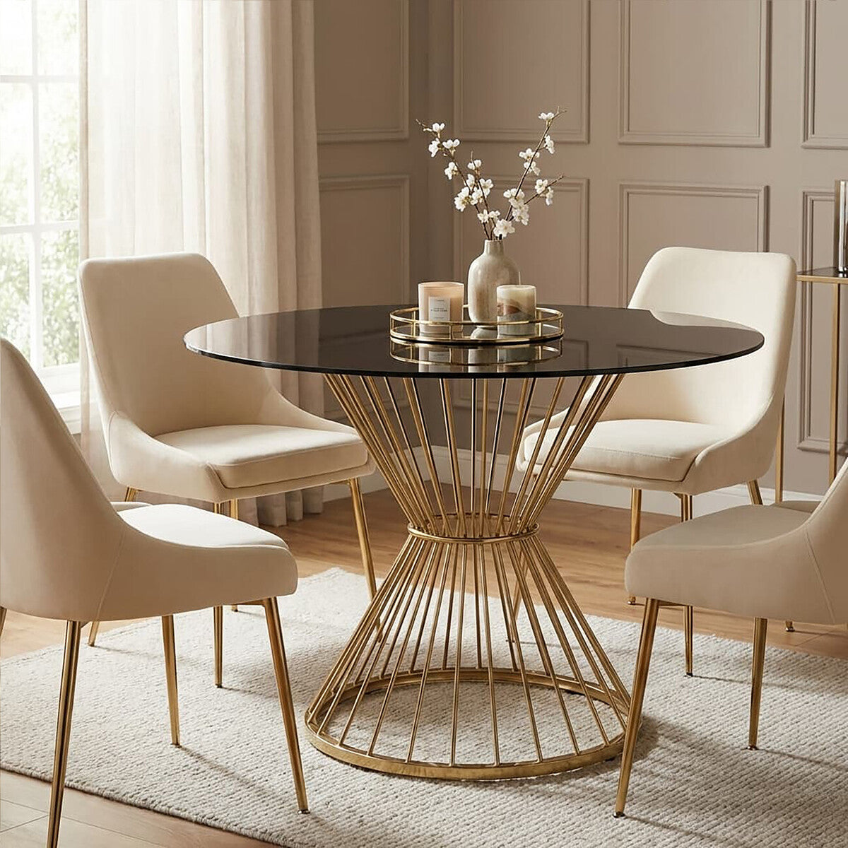 Anzio Black Glass Round Dining Table with Gold Hourglass Base