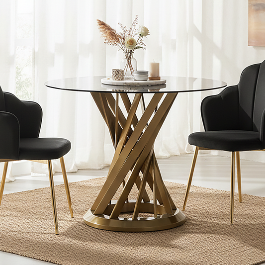 Black Glass Round Dining Table with Brushed Gold Finish Base 90cm