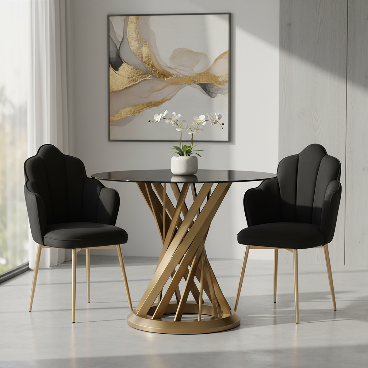 Anzio Black Glass Round Dining Table with Brushed Gold Finish Base