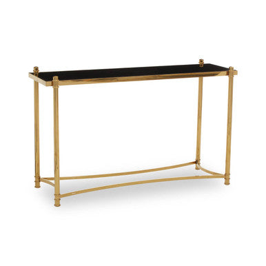 Ackley Gold Metal Console Table with Black Glass Top