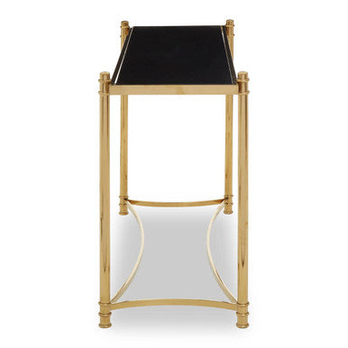 Ackley Gold Metal Console Table with Black Glass Top