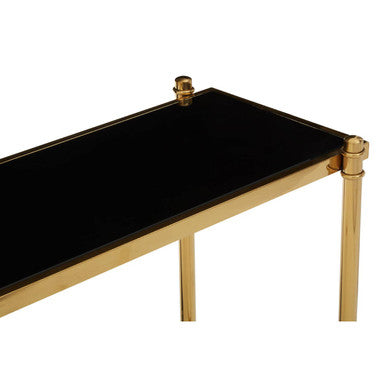 Ackley Gold Metal Console Table with Black Glass Top