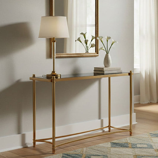 Gold Metal Console Table with Black Glass Top