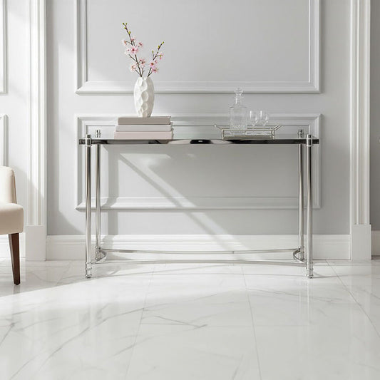 Silver Metal Console Table with Clear Glass Top