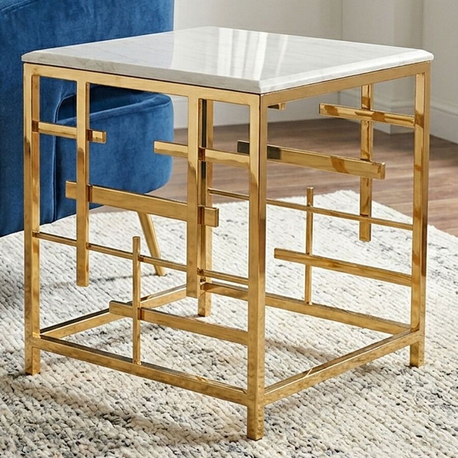 Aprilia White Marble Side Table with Gold Finish Frame