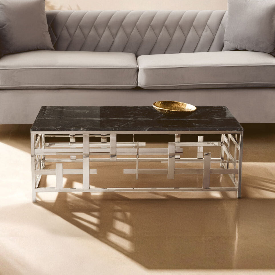 Aprilia Black Marble Coffee Table with Silver Finish Frame