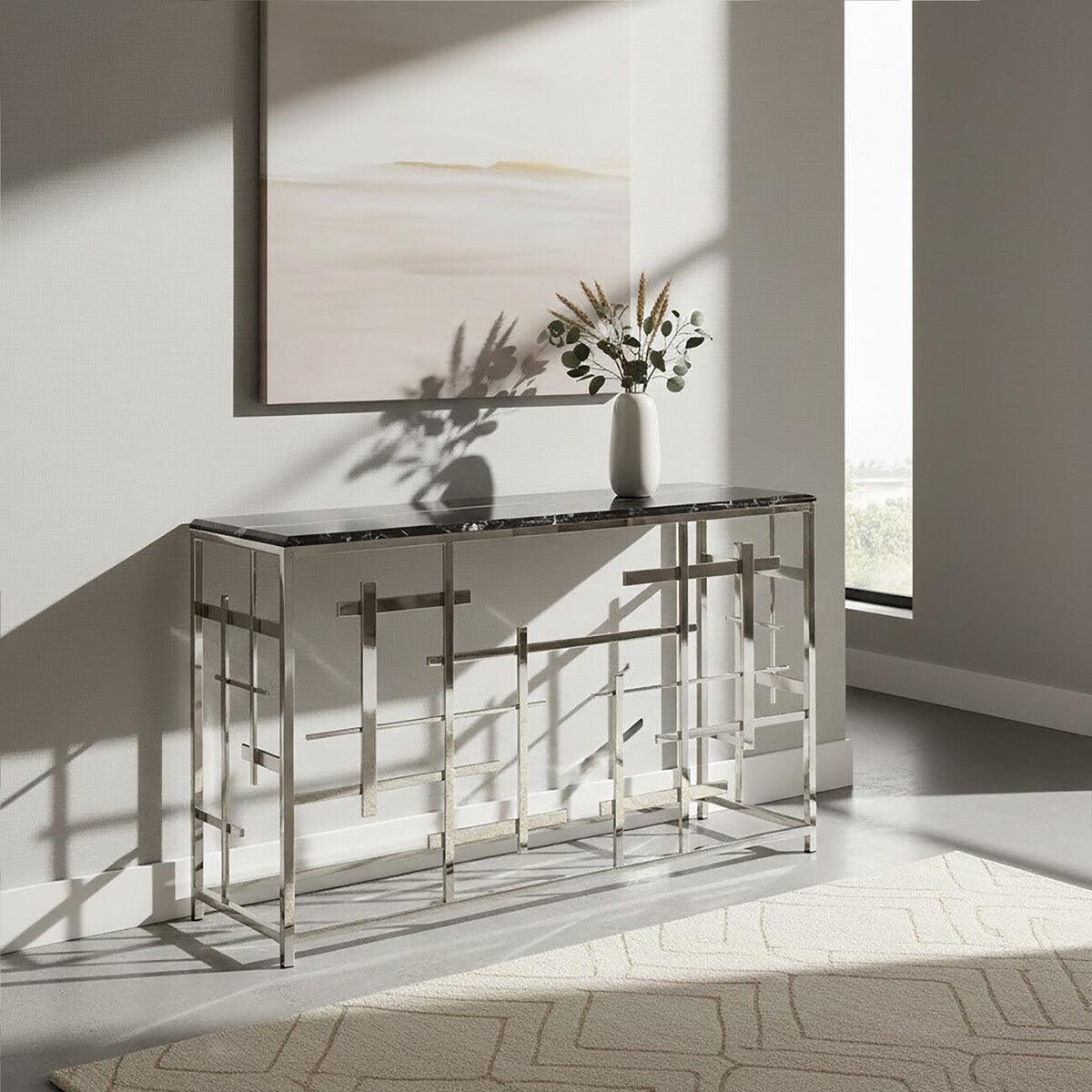 Aprilia Black Marble Console Table with Silver Finish Frame