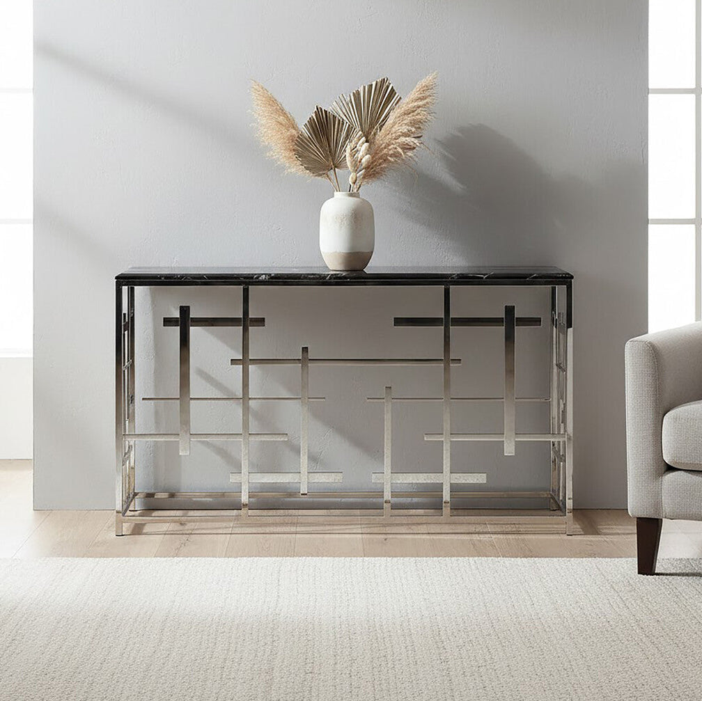 Aprilia Black Marble Console Table with Silver Finish Frame