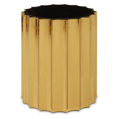 Alvaro Black Glass and Gold Finish Round Side Table with Ribbed Texture