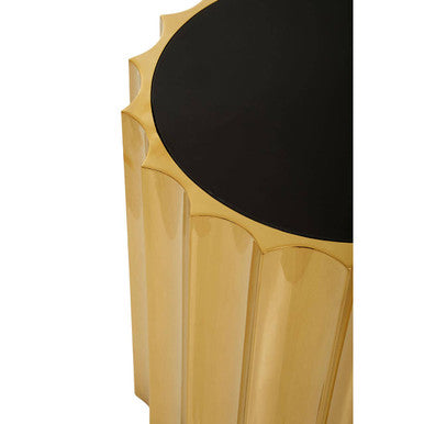 Alvaro Black Glass and Gold Finish Round Side Table with Ribbed Texture