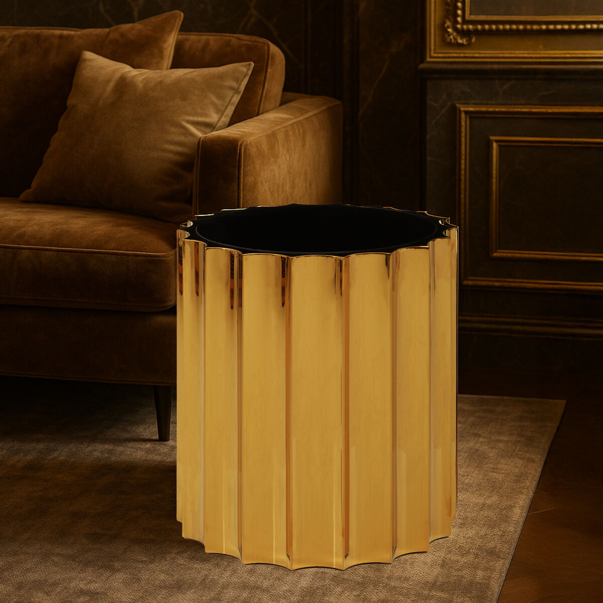 Alvaro Black Glass and Gold Finish Round Side Table with Ribbed Texture