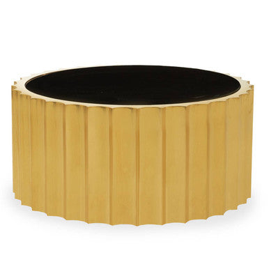 Alvaro Black Glass and Gold Finish Round Coffee Table with Ribbed Texture