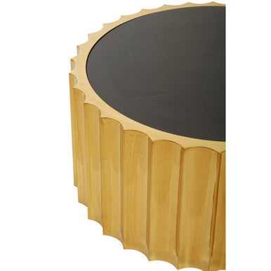 Alvaro Black Glass and Gold Finish Round Coffee Table with Ribbed Texture