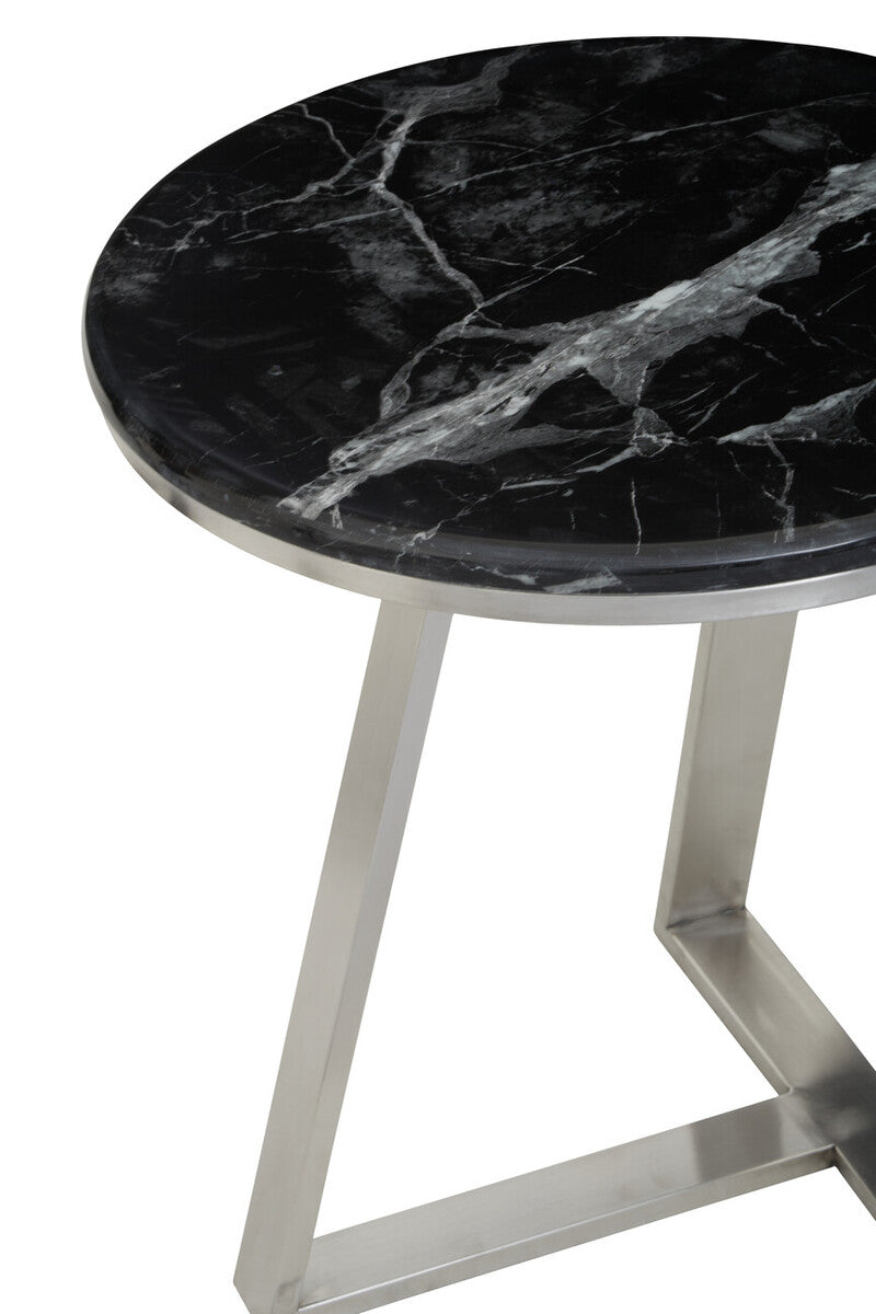 Alvaro Black Marble and Silver Finish Round Side Table