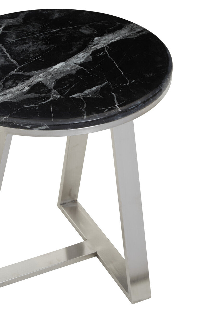 Alvaro Black Marble and Silver Finish Round Side Table