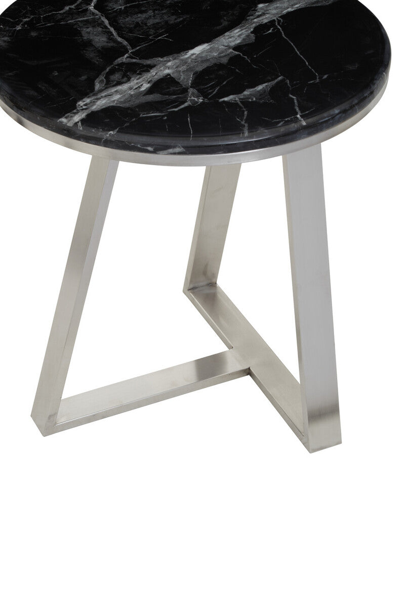 Alvaro Black Marble and Silver Finish Round Side Table