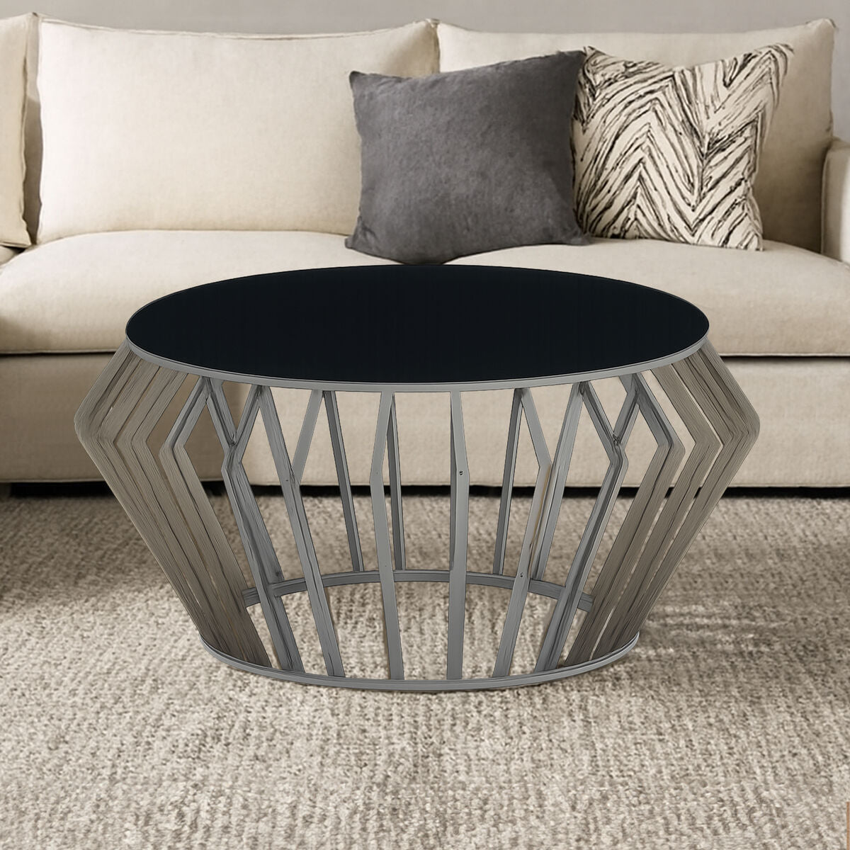 Ackley Black Glass and Silver Finish Round Coffee Table