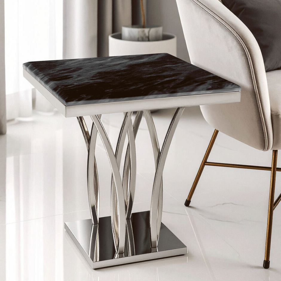 Arenza Black Marble Side Table with Silver Finish Frame