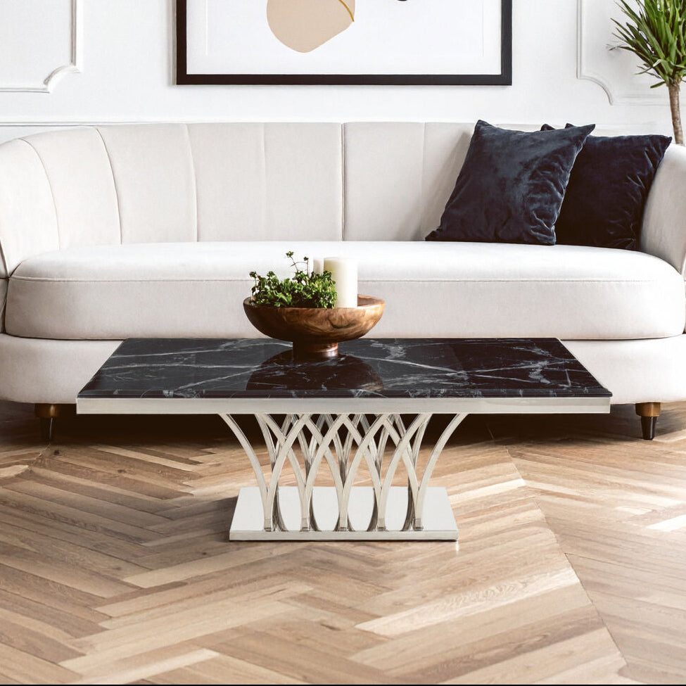 Arenza Black Marble Coffee Table with Silver Finish Frame