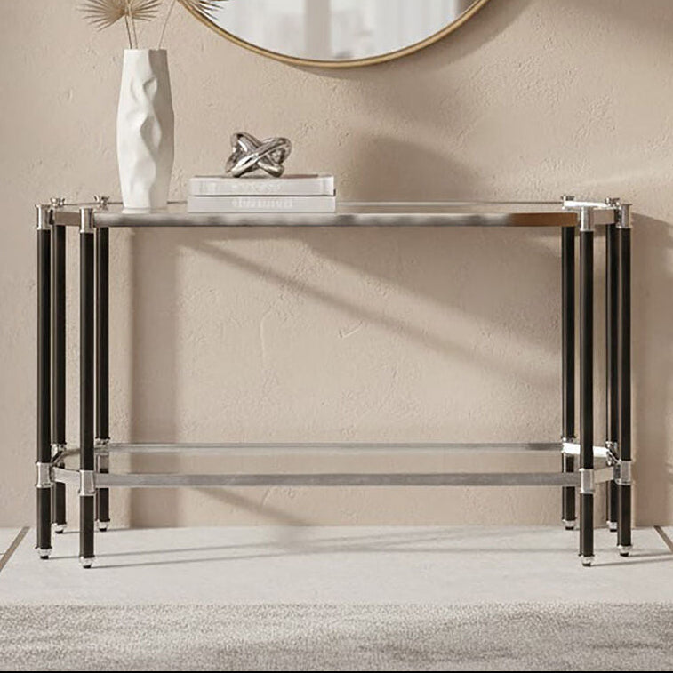 Allessi Clear Glass and Chrome Finish Console Table with Black Legs