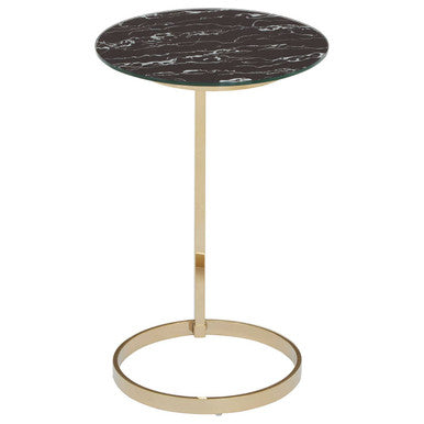 Oria Black Marble Effect Glass and Gold Finish Round Side Table