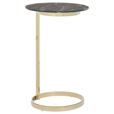 Oria Black Marble Effect Glass and Gold Finish Round Side Table
