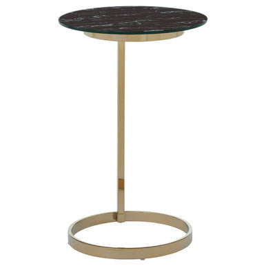 Oria Black Marble Effect Glass and Gold Finish Round Side Table