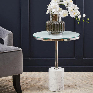 Oria White Marble Effect and Silver Finish Round Side Table