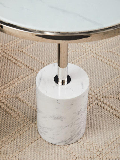 Oria White Marble Effect and Silver Finish Round Side Table