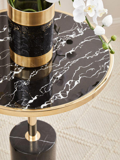 Oria Black Marble Effect Glass Round Side Table
