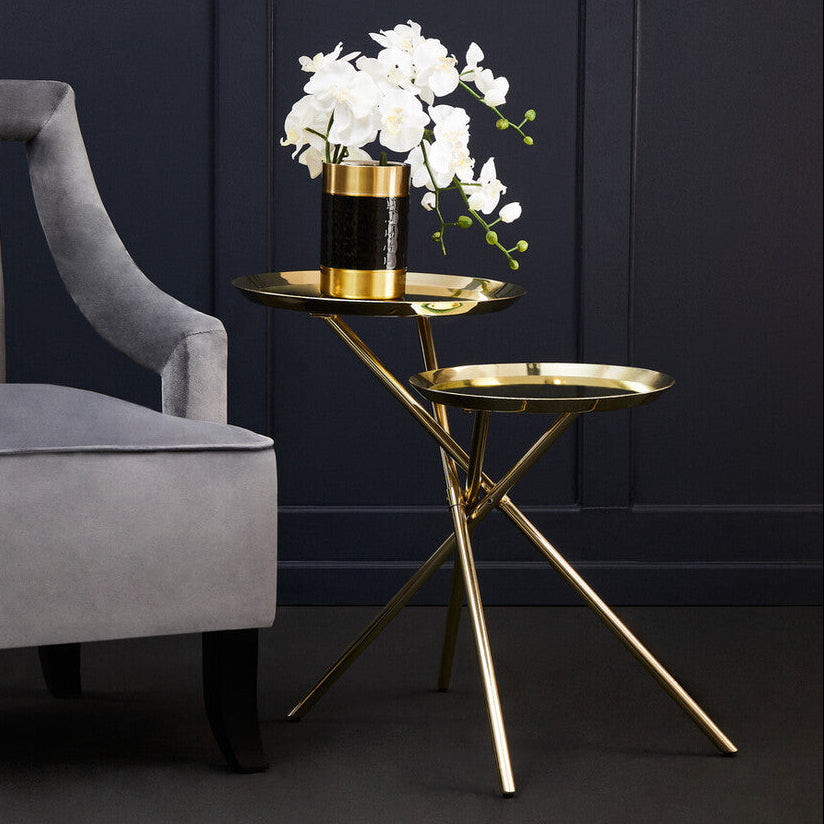 Oria Gold Finish 2 Tier Tray Side Table