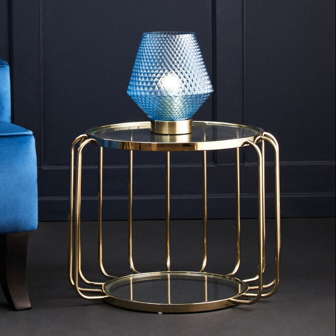 Oria Clear Glass Side Table with Gold Finish Cage Frame