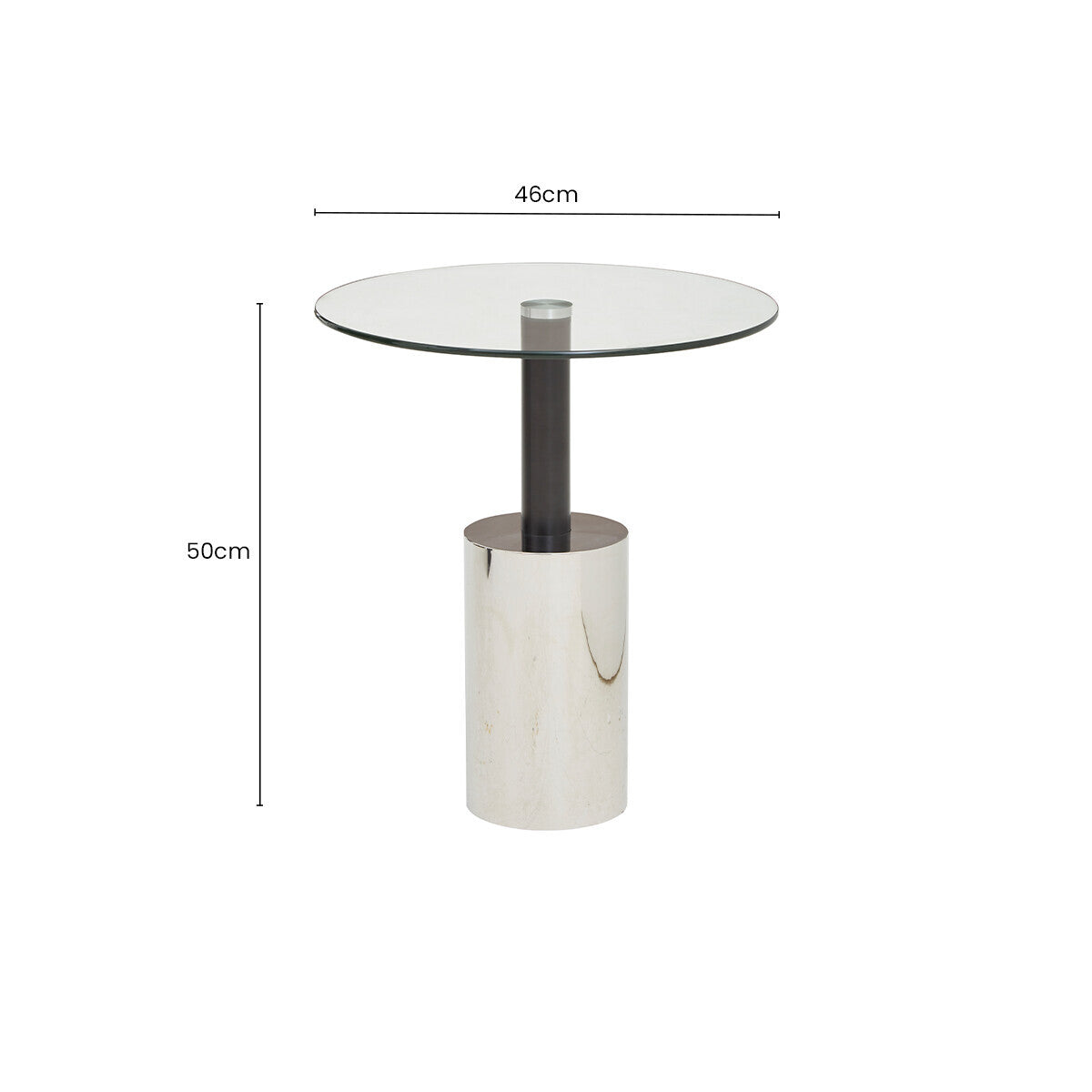 Oria Clear Glass Round Side Table with Black and Silver Finish Base