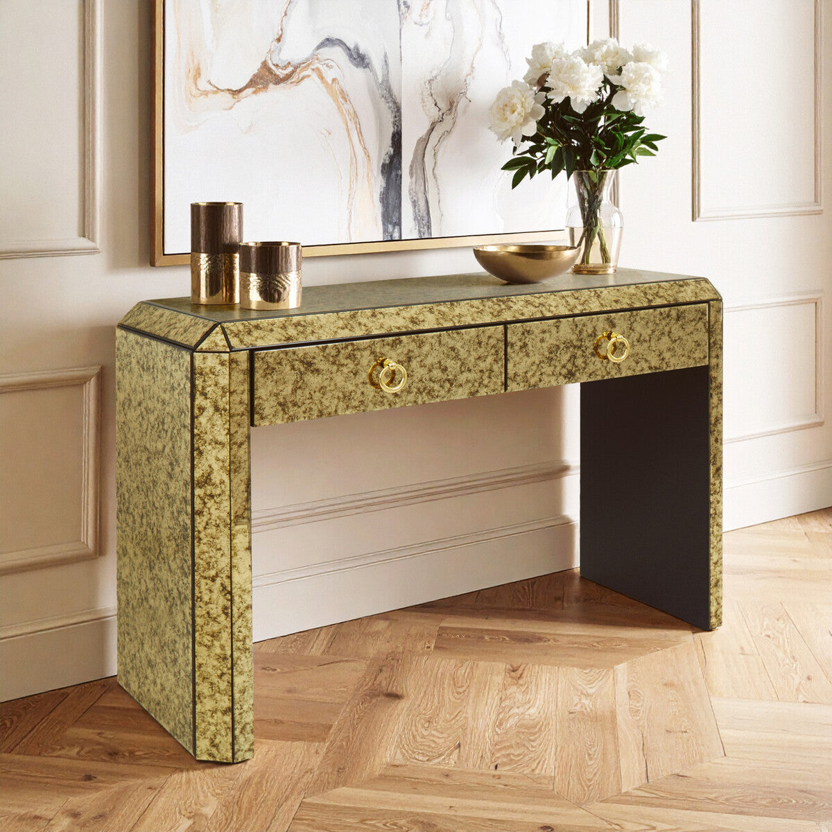 Komo Antique Gold Finish Mirrored 2 Drawer Console Table