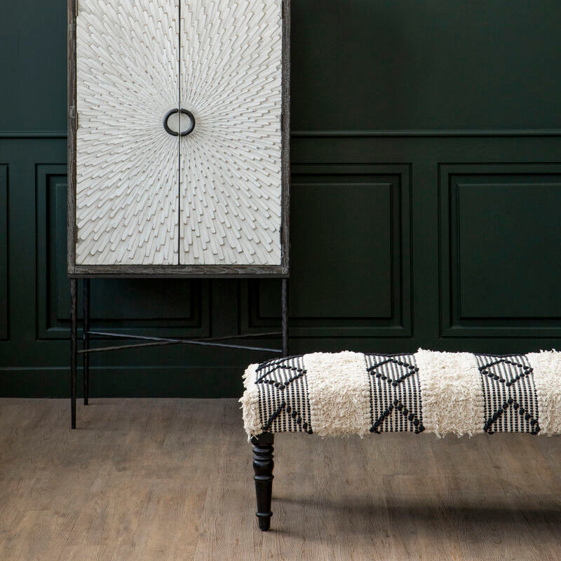 Cefena Black and White Fabric Moroccan Design Bench