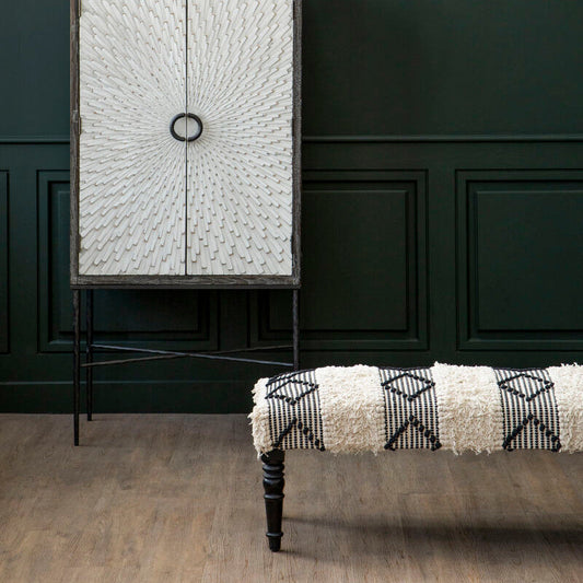 Cefena Black and White Fabric Moroccan Design Bench