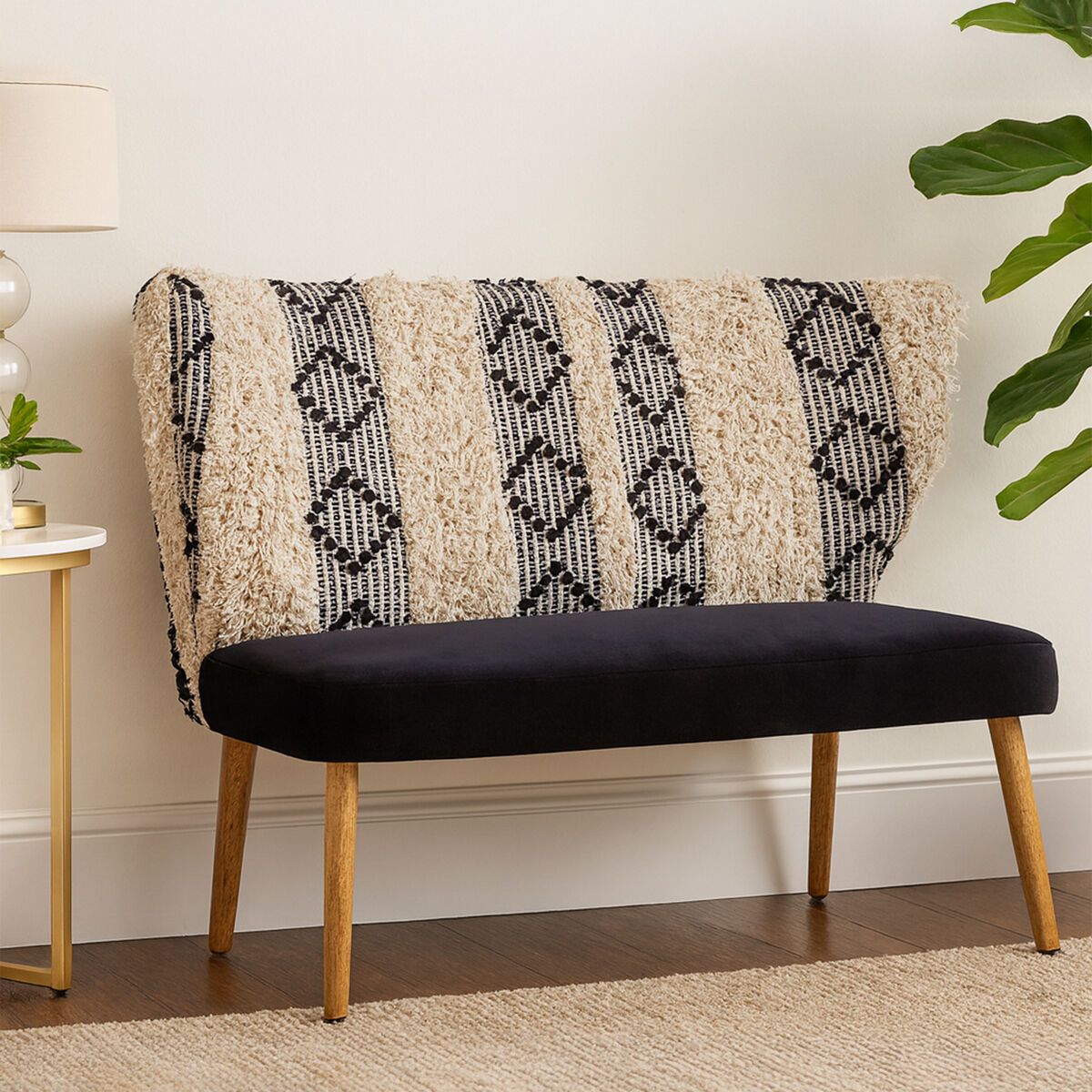Cefena Black and White Moroccan Design Bench with Backrest