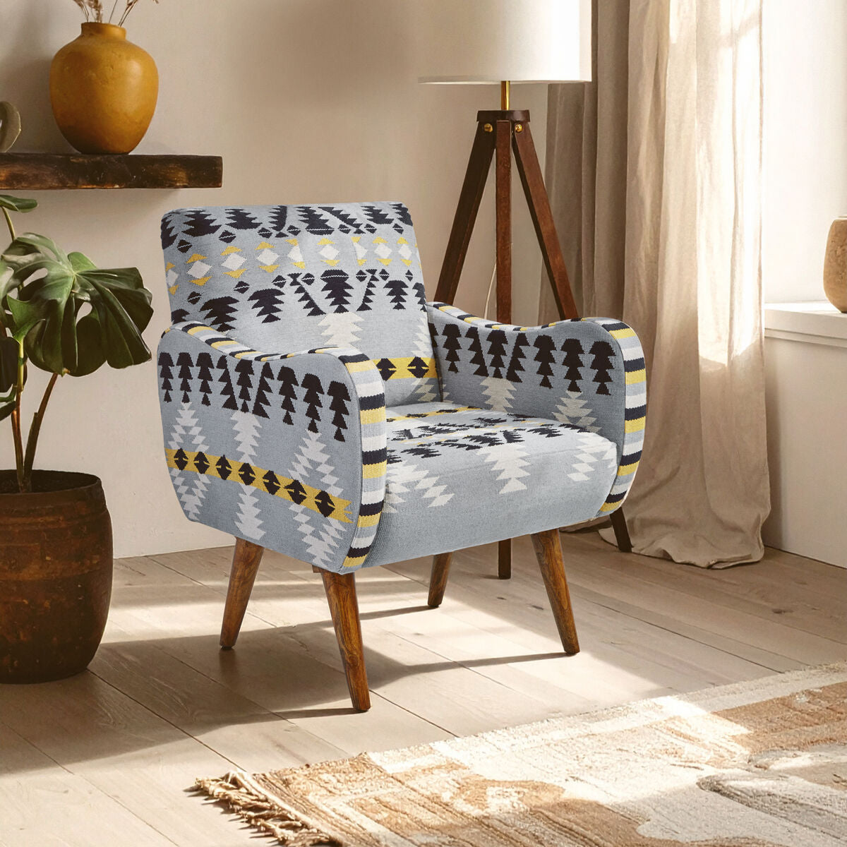 Cefena Multi Coloured Fabric Kilim Style Armchair with Rounded Armrests