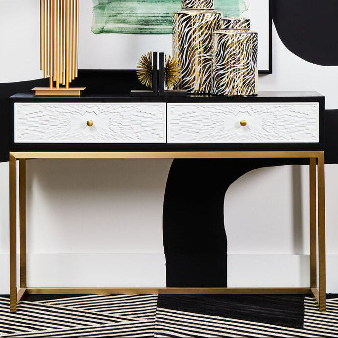 Dumas Black and White 2 Drawer Console Table with Gold Base